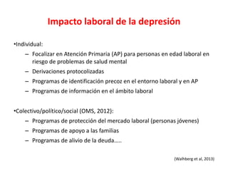 Impacto laboral de la depresión
•Individual:
– Focalizar en Atención Primaria (AP) para personas en edad laboral en
riesgo de problemas de salud mental
– Derivaciones protocolizadas
– Programas de identificación precoz en el entorno laboral y en AP
– Programas de información en el ámbito laboral
•Colectivo/político/social (OMS, 2012):
– Programas de protección del mercado laboral (personas jóvenes)
– Programas de apoyo a las familias
– Programas de alivio de la deuda…..
(Walhberg et al, 2013)
 