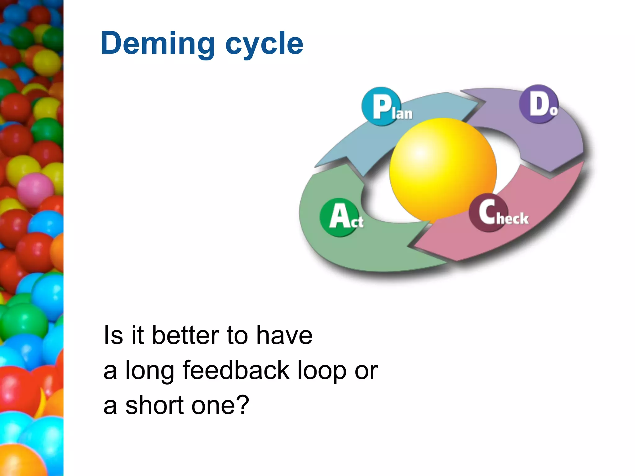 Deming cycle




Is it better to have
a long feedback loop or
a short one?
 