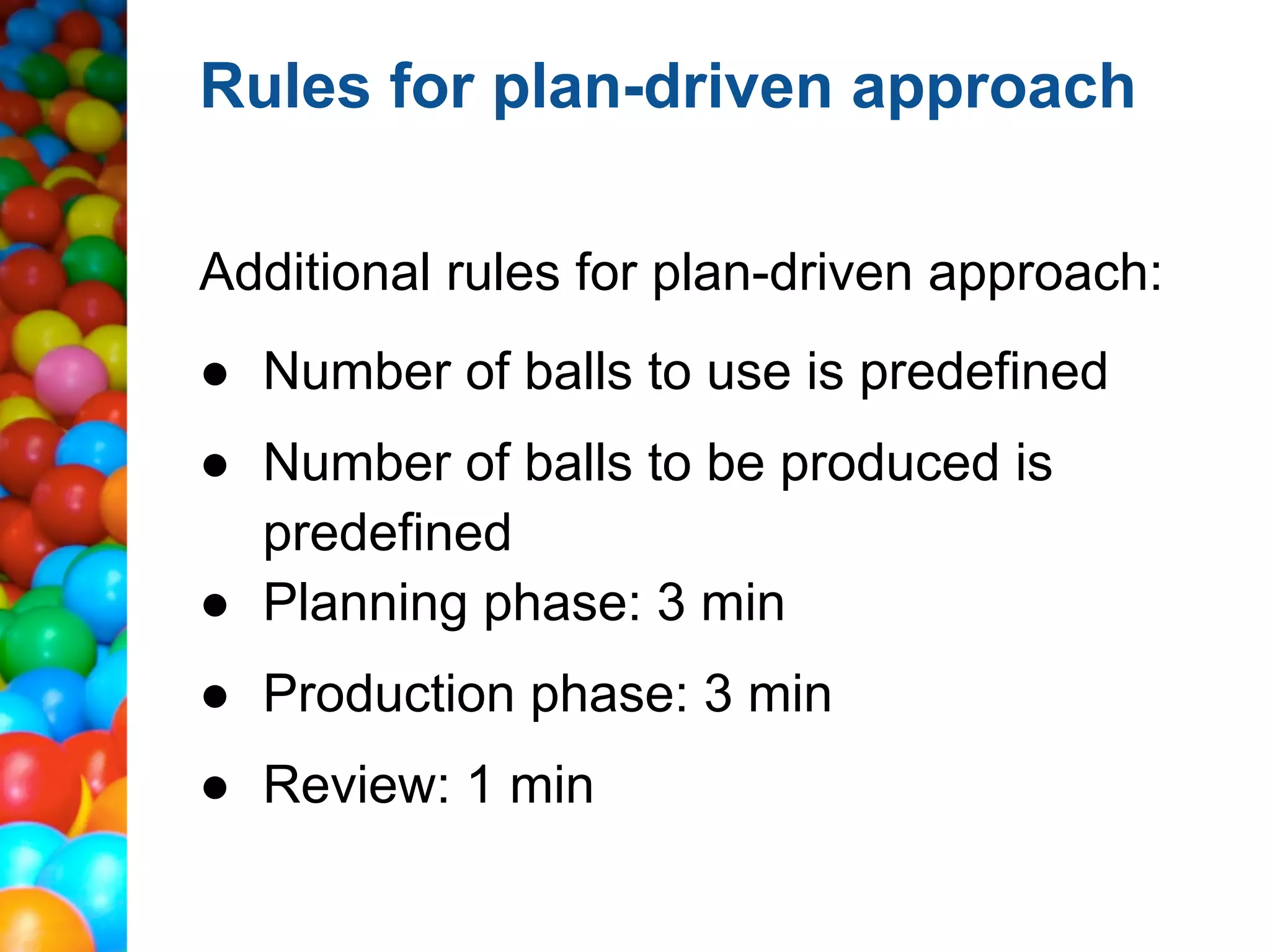 Rules for plan-driven approach

Additional rules for plan-driven approach:
● Number of balls to use is predefined
● Number of balls to be produced is
  predefined
● Planning phase: 3 min
● Production phase: 3 min
● Review: 1 min
 