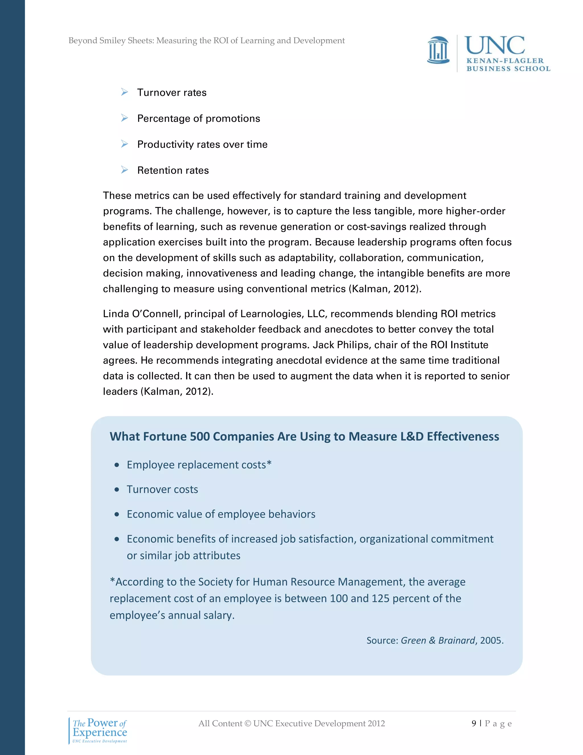 Beyond Smiley Sheets: Measuring the ROI of Learning and Development




             Turnover rates

             Percentage of promotions

             Productivity rates over time

             Retention rates

        These metrics can be used effectively for standard training and development
        programs. The challenge, however, is to capture the less tangible, more higher-order
        benefits of learning, such as revenue generation or cost-savings realized through
        application exercises built into the program. Because leadership programs often focus
        on the development of skills such as adaptability, collaboration, communication,
        decision making, innovativeness and leading change, the intangible benefits are more
        challenging to measure using conventional metrics (Kalman, 2012).

        Linda O’Connell, principal of Learnologies, LLC, recommends blending ROI metrics
        with participant and stakeholder feedback and anecdotes to better convey the total
        value of leadership development programs. Jack Philips, chair of the ROI Institute
        agrees. He recommends integrating anecdotal evidence at the same time traditional
        data is collected. It can then be used to augment the data when it is reported to senior
        leaders (Kalman, 2012).



         What Fortune 500 Companies Are Using to Measure L&D Effectiveness

              Employee replacement costs*

              Turnover costs

              Economic value of employee behaviors

              Economic benefits of increased job satisfaction, organizational commitment
              or similar job attributes

         *According to the Society for Human Resource Management, the average
         replacement cost of an employee is between 100 and 125 percent of the
         employee’s annual salary.

                                                                      Source: Green & Brainard, 2005.




                               All Content © UNC Executive Development 2012                  9|Pa ge
 