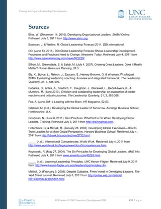 Closing the Gaps in Leadership Development




        Sources
        Bliss, W. (December 14, 2010). Developing Organizational Leaders. SHRM Online.
        Retrieved July 6, 2011 from http://www.shrm.org.

        Boatman, J. & Wellins, R. Global Leadership Forecast 2011. DDI International.

        DDI (June 13, 2011). DDI Global Leadership Forecast Shows Leadership Development
        Processes and Practices Need to Change. Newswire Today. Retrieved July 4, 2011 from
        http://www.newswiretoday.com/news/922229/.

        Effron, M., Greenslade, S. & Salob, M. (July 4, 2007). Growing Great Leaders: Does It Really
        Matter? Human Resource Planning, 28.3.

        Ely, K., Boyce, L., Nelson, J., Zaccaro, S., Hernez-Broome, G. & Whyman, W. (August
        2010). Evaluating leadership coaching: A review and integrated framework. The Leadership
        Quarterly, 21, 4, 585-599.

        Eubanks, D., Antes, A., Friedrich, T., Caughron, J., Blackwell, L., Bedell-Avers, K., &
        Mumford, M. (June 2010). Criticism and outstanding leadership: An evaluation of leader
        reactions and critical outcomes. The Leadership Quarterly, 21, 3, 365-388.

        Fox, A. (June 2011). Leading with the Brain. HR Magazine, 52-53.

        Gitsham, M. (n.d.). Developing the Global Leader of Tomorrow. Ashridge Business School,
        Hertfordshire: U.K.

        Goodman, N. (June 6, 2011). Best Practices: What Not to Do When Developing Global
        Leaders. Training. Retrieved July 3, 2011 from http://trainingmag.com.

        Hollenbeck, G. & McCall, M. (January 28, 2002). Developing Global Executives—How to
        Train Leaders for a More Global Perspective. Harvard Business School. Retrieved July 4,
        2011 from http://hbswk.hbs.edu/archive/2732.html.

        _____ (n.d.). International Competencies. World Work. Retrieved July 4, 2011 from
        http://www.worldwork.biz/legacy/www/docs3/competencies.html.

        Koprowski, R. (May 27, 2004). The Six Principles for Developing Global Leaders. AME Info.
        Retrieved July 4, 2011 from www.ameinfo.com/40293.html.

        _____ (n.d.). Learning Leadership Principles. UNC Kenan-Flagler. Retrieved July 9, 2011
        from http://www.kenan-flagler.unc.edu/leadership/principles.cfm.

        Mattioli, D. (February 9, 2009). Despite Cutbacks, Firms Invest in Developing Leaders. The
        Wall Street Journal. Retrieved July 5, 2011 from http://online.wsj.com/article/
        SB12339587424605897.html.




                               All Content © UNC Executive Development 2011              13 | P a g e
 