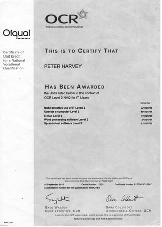OfquQl
RECOGNISING ACHIEVEMENT
Certificate of
Unit Credit
for a National
Vocational
Qualification
T H I S IS TO C E R T I F Y T H A T
PETER HARVEY
H A S B E E N A W A R D E D
the Units listed below in the context of
OCR Level 2 NVQ for IT Users
Make selective use of IT Level 2
Operate a computer Level 2
E-mail Level 2
Word processing software Level 2
Spreadsheet software Level 2
QCA Ref
A/102/5716
M/102/5714
F/102/5720
J/102/5721
L/102/5722
This certificate has been issued to mark the attainment of units within an NVQ and
does not mark the attainment of an NVQ itself.
16 September 2010 Centre Number: 12530 Certificate Number B1270453/311247
Accreditation number for full qualification: 100/4214/3
G R E G W A T S O N S A R A C O L D I C O T T
C H I E F E X E C U T I V E , O C R A C C O U N T A B L E O F F I C E R , O C R
Look for the OCR watermark, which proves this is a genuine OCR certificate.
Oxford Cambridge and R S A Examinations
A9041004
 