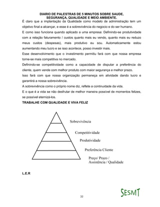 DIARIO DE PALESTRAS DE 5 MINUTOS SOBRE SAUDE,
SEGURANÇA, QUALIDADE E MEIO AMBIENTE.
32
É claro que a implantação da Qualidade como modelo de administração tem um
objetivo final a alcançar, e esse é a sobrevivência do negocio e do ser humano.
E como isso funciona quando aplicado a uma empresa: Definindo-se produtividade
com a relação faturamento / custos quanto mais eu vendo, quanto mais eu reduzo
meus custos (despesas), mais produtivo eu sou. Automaticamente estou
aumentando meu lucro e se isso acontece, posso investir mais.
Esse desenvolvimento que o investimento permitiu fará com que nossa empresa
torne-se mais competitiva no mercado.
Definindo-se competitividade como a capacidade de disputar a preferência do
cliente, quem vende com melhor produto com maior segurança e melhor prazo.
Isso fará com que nossa organização permaneça em atividade dando lucro e
garantirá a nossa sobrevivência.
A sobrevivência como o próprio nome diz, reflete a continuidade da vida.
E o que é a vida se não desfrutar de melhor maneira possível de momentos felizes,
se possível eternizá-los.
TRABALHE COM QUALIDADE E VIVA FELIZ
L.E.R
 