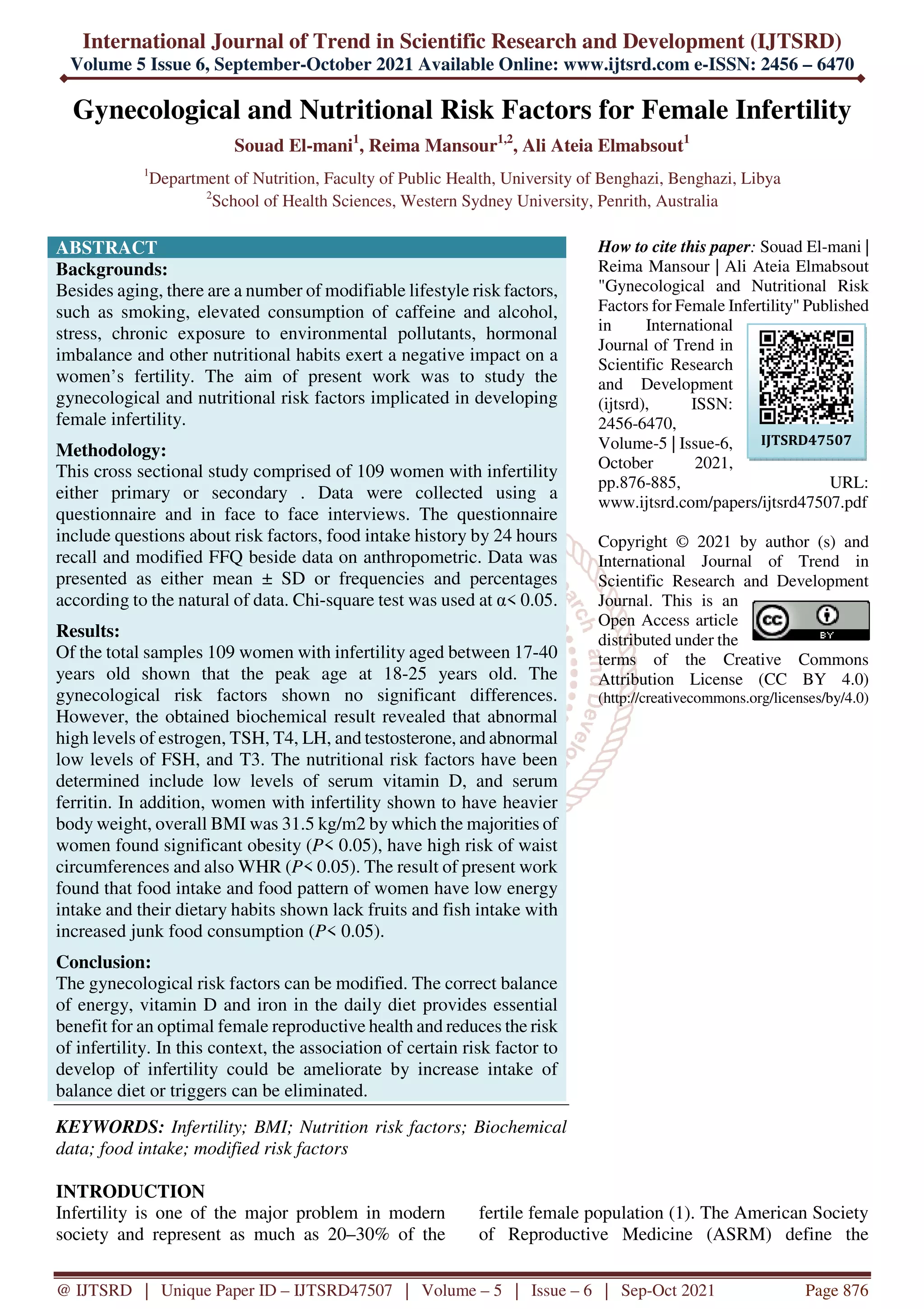 Gynecological and Nutritional Risk Factors for Female Infertility | PDF