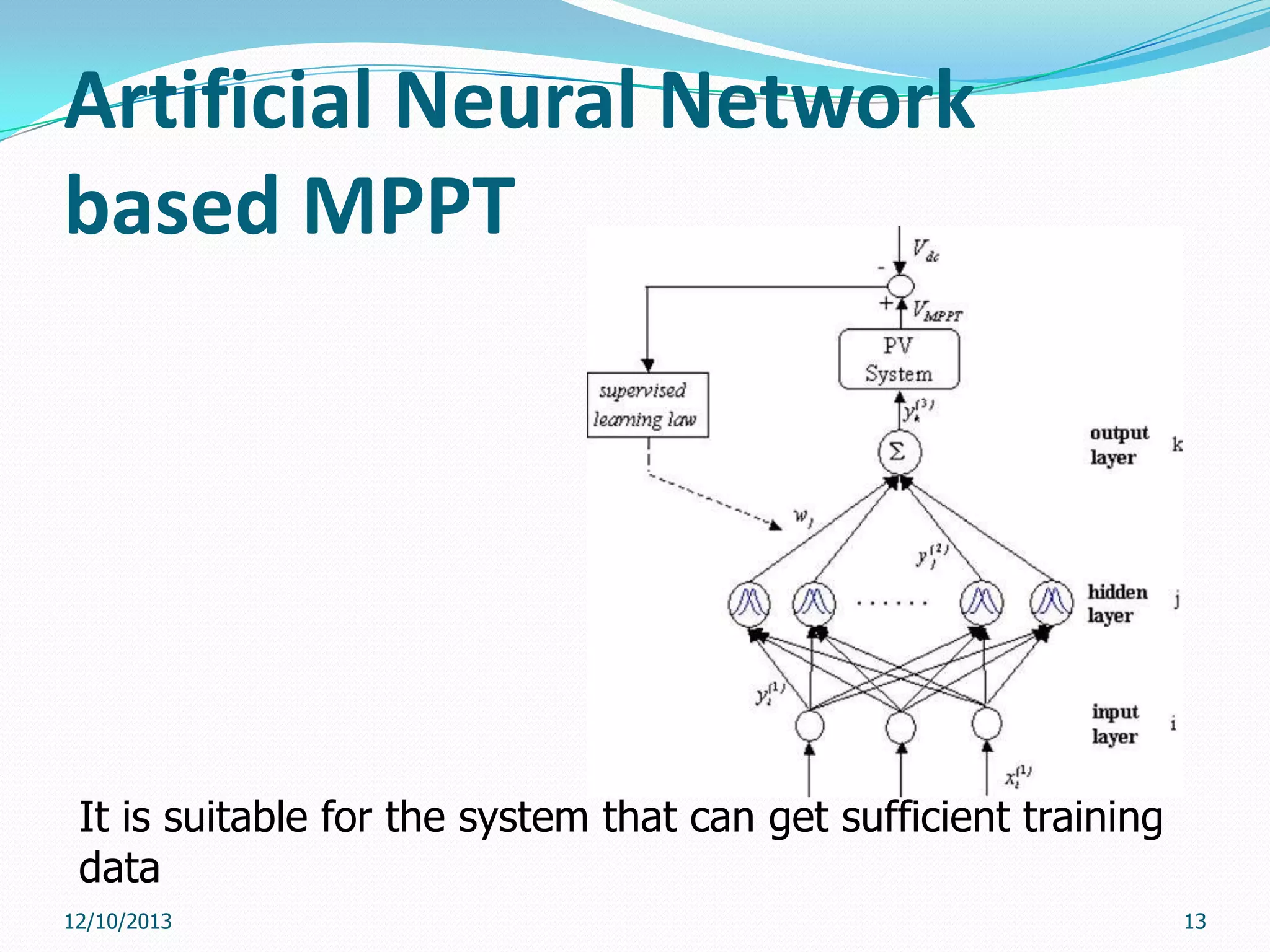 Artificial Neural Network
based MPPT

It is suitable for the system that can get sufficient training
data
12/10/2013

13

 