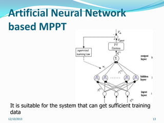 Artificial Neural Network
based MPPT

It is suitable for the system that can get sufficient training
data
12/10/2013

13

 
