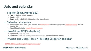 Date and calendar
▪ Triple of (Year, Month, Day)
▪ Year = 1..9999 (by the SQL standard)
▪ Month = 1..12
▪ Day in month = 1..28/29/30/31 (depending on the year and month)
▪ Calendar constraints
▪ Spark <= 2.4 is based on the hybrid calendar - the Julian calendar (before 1582 year) and the Gregorian calendar after 15th
October 1582
▪ Spark 3.0 switched to the Proleptic Gregorian calendar.
▪ Java 8 time API (Scala/Java)
▪ Spark <= 2.4: java.sql.Date
▪ Spark >= 3.0: java.sql.Date + java.time.LocalDate (Proleptic Gregorian calendar)
▪ PySpark and SparkR are on Proleptic Gregorian calendar
SPARK-26651: Use Proleptic Gregorian calendar
 
