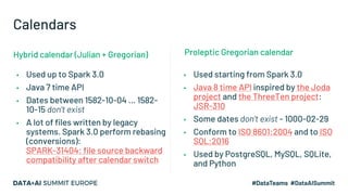 Calendars
▪ Used up to Spark 3.0
▪ Java 7 time API
▪ Dates between 1582-10-04 ... 1582-
10-15 don’t exist
▪ A lot of files written by legacy
systems. Spark 3.0 perform rebasing
(conversions):
SPARK-31404: file source backward
compatibility after calendar switch
▪ Used starting from Spark 3.0
▪ Java 8 time API inspired by the Joda
project and the ThreeTen project:
JSR-310
▪ Some dates don’t exist - 1000-02-29
▪ Conform to ISO 8601:2004 and to ISO
SQL:2016
▪ Used by PostgreSQL, MySQL, SQLite,
and Python
Proleptic Gregorian calendarHybrid calendar (Julian + Gregorian)
 