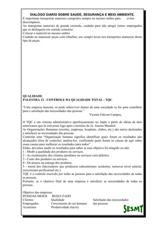 DIALOGO DIARIO SOBRE SAUDE, SEGURANÇA E MEIO AMBIENTE.
É importante transportar materiais compridos sempre no mesmo ombro para evitar
descompasso.
Ao transportar materiais de grande extensão, cuidado para não atingir outros empregados
que se desloquem em sentido contrario.
Colocar o material no mesmo ombro
Cuidado ao manusear peças com rebarbas; use sempre luvas nos transportes manuseio desse
tipo de peças.
QUALIDADE
PALESTRA 12 - CONTROLE DA QUALIDADE TOTAL - TQC
“Uma empresa honesta, só pode sobreviver dentro de uma sociedade se for para contribuir
para a satisfação das necessidades das pessoas.”
Vicente Falconi Campos,
O TQC é um sistema administrativo aperfeiçoamento no Japão a partir de idéias de dois
americanos que lá estiveram logo após o término da 2a Guerra Mundial.
As Organizações Humanas (escolas, empresas, hospitais, clubes, etc.) são meios destinados
a satisfazer as necessidades das pessoas.
Controlar uma “Organização humana significa identificar quais foram os resultados não
alcançados (fora de controle); analisa-los, verificando quais foram às causas de agir sobre
essas causas para melhorar os resultados para todos”.
Então, devemos medir os resultados para saber se esse objetivo foi atingido ou não:
1 - Medir a qualidade dos produtos ou serviços.
2 - As reclamações dos clientes (produtos ou serviços com defeito).
3 - Custo dos produtos ou serviços.
4 - Os atrasos na entrega dos produtos.
5 - moral dos funcionários que produzem (absenteísmo, acidentes, turnover nível salarial,
crescimento profissional etc.).
TQC é o controle exercido por todas as pessoas para a satisfação das necessidades de todas
as pessoas.
Portanto, se o objetivo final de uma empresa é satisfazer as necessidades de todas as
pessoas.
Objetivo das empresas:
PESSOAS MEIOS RESULTADO
Clientes Qualidade Satisfação das necessidades
Empregados Crescimento do ser humano das pessoas
Acionistas Produtividade (lucro)
 