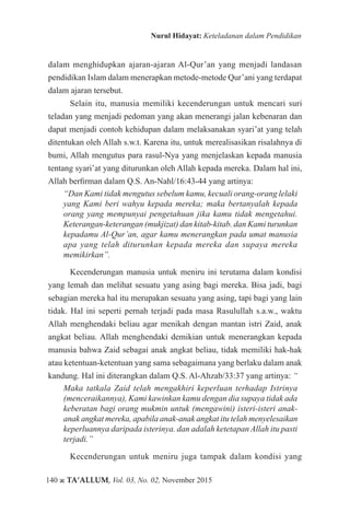 140 ж TA’ALLUM, Vol. 03, No. 02, November 2015
Nurul Hidayat: Keteladanan dalam Pendidikan
dalam menghidupkan ajaran-ajara...