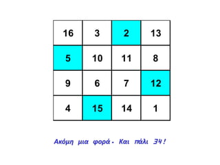 16 3 2 13
5 10 11 8
9 6 7 12
4 15 14 1
Ακόμη μια φορά. Και πάλι 34!
 