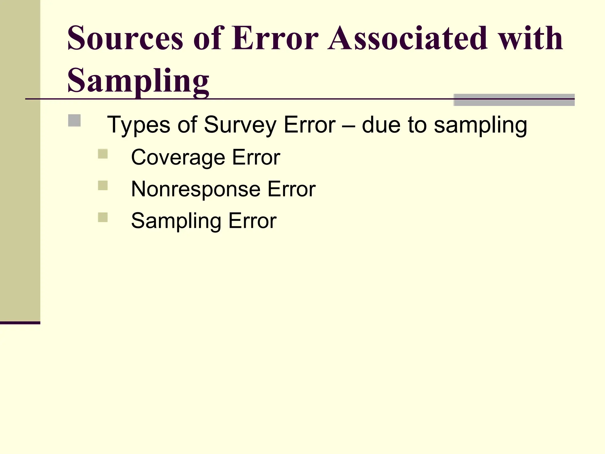 Sources of Error Associated with
Sampling
 Types of Survey Error – due to sampling
 Coverage Error
 Nonresponse Error
 Sampling Error
 