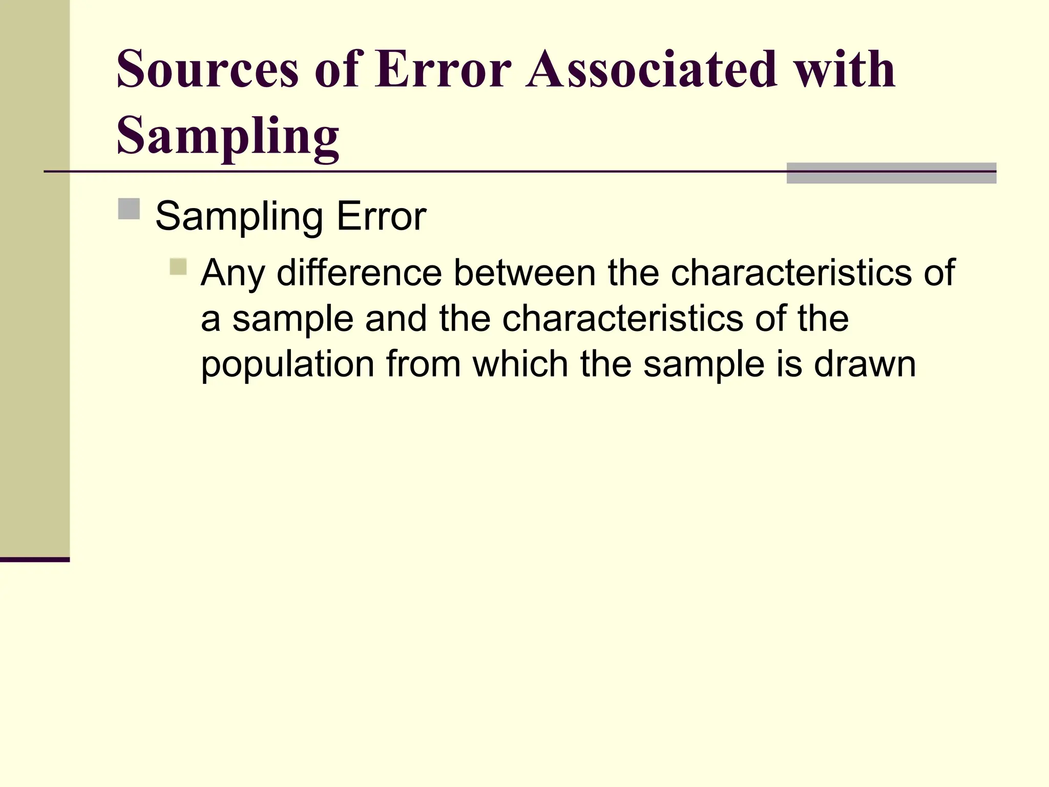 Sources of Error Associated with
Sampling
 Sampling Error
 Any difference between the characteristics of
a sample and the characteristics of the
population from which the sample is drawn
 