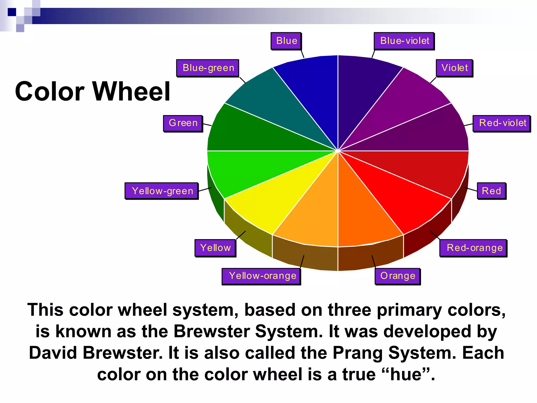 Red-violet
Violet
Blue-violet
Blue
Blue-green
Green
Yellow-green
Yellow
Yellow-orange Orange
Red-orange
Red
Color Wheel
This color wheel system, based on three primary colors,
is known as the Brewster System. It was developed by
David Brewster. It is also called the Prang System. Each
color on the color wheel is a true “hue”.
 
