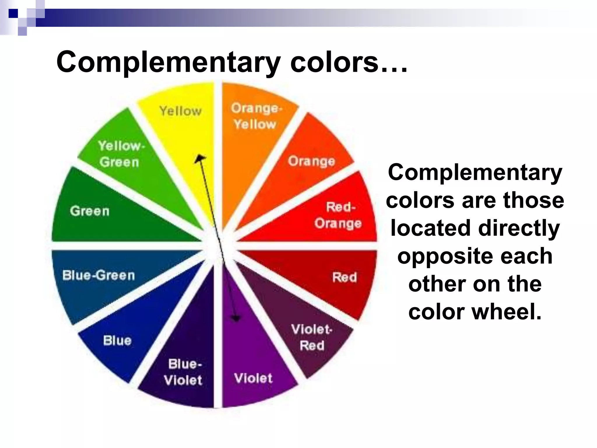 Complementary colors…
Complementary
colors are those
located directly
opposite each
other on the
color wheel.
 