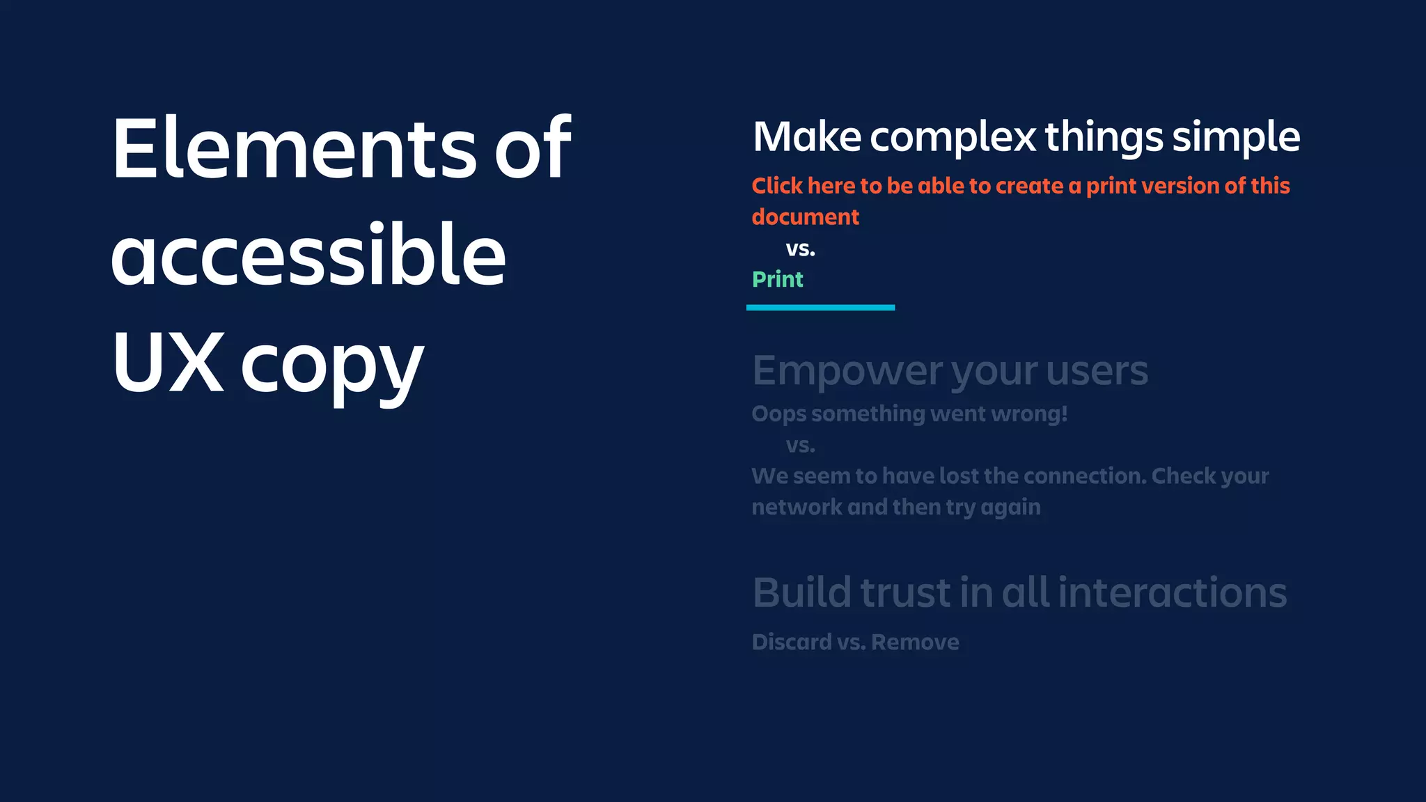 Elements of
accessible
UX copy
Make complex things simple
Click here to be able to create a print version of this
document
vs.
Print
 