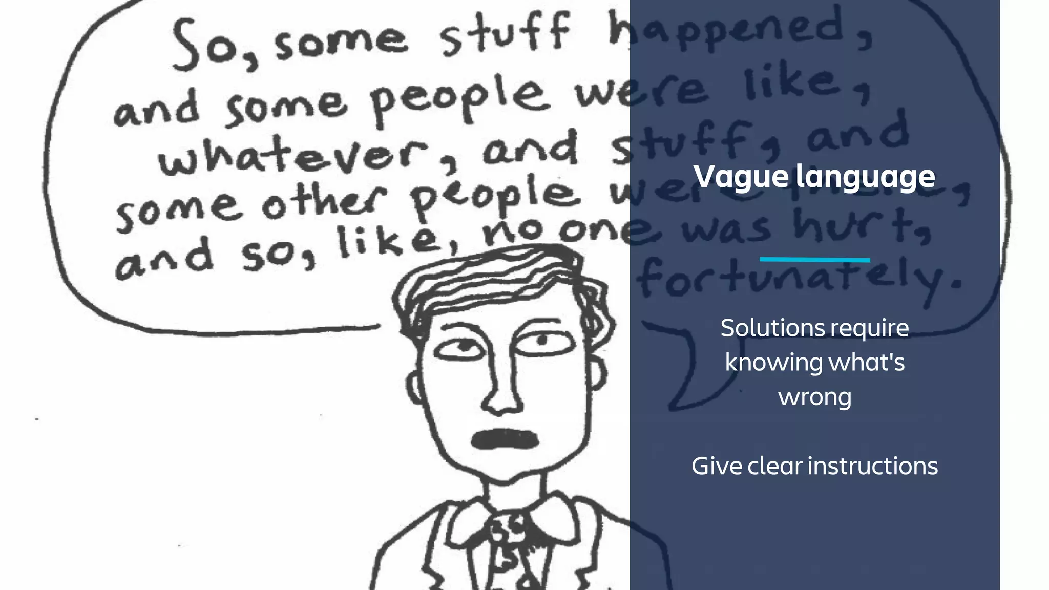 Vague language
Solutions require
knowing what's
wrong
Give clear instructions
 