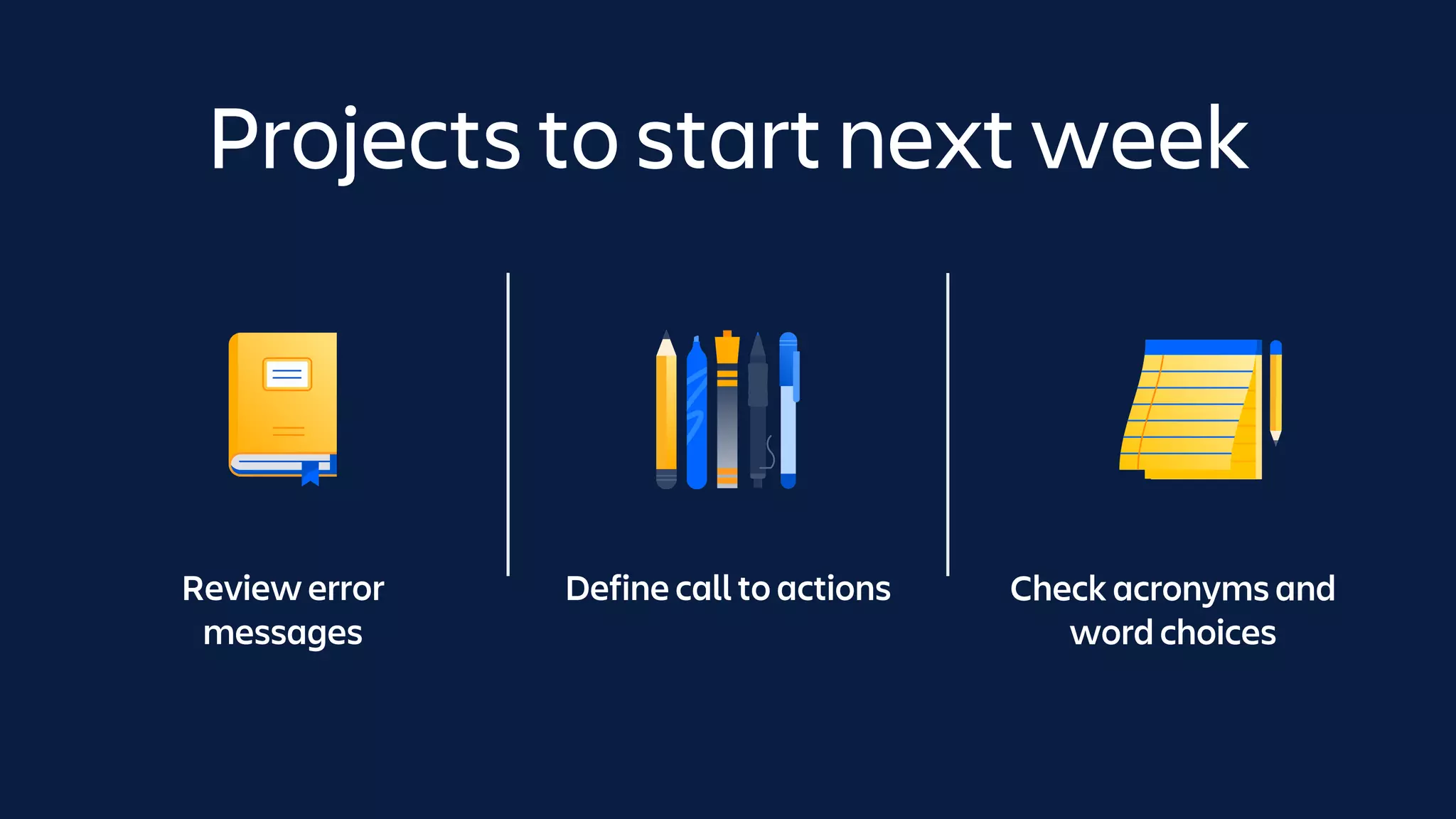 Review error
messages
Define call to actions Check acronyms and
word choices
Projects to start next week
 
