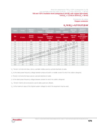 171
Procables S.A. C.I. se reserva el derecho de modificar el contenido del catálogo sin previo aviso. / Procables S.A. C.I. reserves to itself the right to change the content of the catalogue without prior notice.
Nivel de aislamiento 100 y 133% (categorías A y B)
con pantalla cinta de cobre. 6 kV (Um
= 7,2 kV) a 30 kV (Um
= 36 kV)
100 and 133% insulation level (categories A and B), with copper tape shield.
6 kV (Um
= 7,2 kV) to 30 kV (Um
= 36 kV)
Conductor de cobre
Copper conductor
Uo
/U (Um
) = 8,7/15 (17,5) kV
Calibre Nº hilos
Diámetro
nominal
Aislamiento Chaqueta
Masa total
aprox.
Resistencia
eléctrica c.c.
máxima a 20 °CEspesor
Diámetro sobre
aislamiento
Espesor Diámetro
Size
Nº wires
Nominal
Diameter
Insulation Jacket
Total mass
approx.
Maximum
electrical resistance
d.c. at 20 ºCThickness
Diameter on
insulation
Thickness Diameter
mm² mm mm mm mm mm kg/km W/km
25 7 5,91 4,50 15,75 1,60 20,8 606 0,727
35 7 6,96 4,50 16,80 1,60 21,8 722 0,524
50 7 8,10 4,50 17,94 1,70 23,2 874 0,387
70 18 9,75 4,50 19,59 1,70 24,8 1105 0,268
95 18 11,50 4,50 21,34 1,80 26,8 1402 0,193
120 35 12,90 4,50 22,97 1,90 28,6 1685 0,153
150 35 14,35 4,50 24,42 1,90 30,1 1976 0,124
185 35 16,05 4,50 26,12 2,00 32,4 2397 0,099
240 35 18,40 4,50 28,47 2,10 35,0 3002 0,075
300 58 20,65 4,50 30,93 2,20 37,7 3649 0,060
400 58 23,45 4,50 33,73 2,30 40,7 4512 0,047
500 58 26,45 4,50 36,73 2,40 43,9 5614 0,037
Uo
: Tensión nominal entre fase y tierra o pantalla metálica para la cual está diseñado el cable.
Uo
: Is the rated power frequency voltage between phase and earth or metallic screen for which the cable is designed.
U: Tensión nominal entre fases para la cual está diseñado el cable.
U: Is the rated power frequency voltage between phases for which the cable is designed.
Um
: Tensión máxima de la red para la cual el cable puede ser utilizado.
Um
: Is the maximum value of the (highest system voltage) for which the equipment may be used.
Documento propiedad de PROCABLES S.A. C.I.
Prohibida su reproducción o copia total y parcial.
 