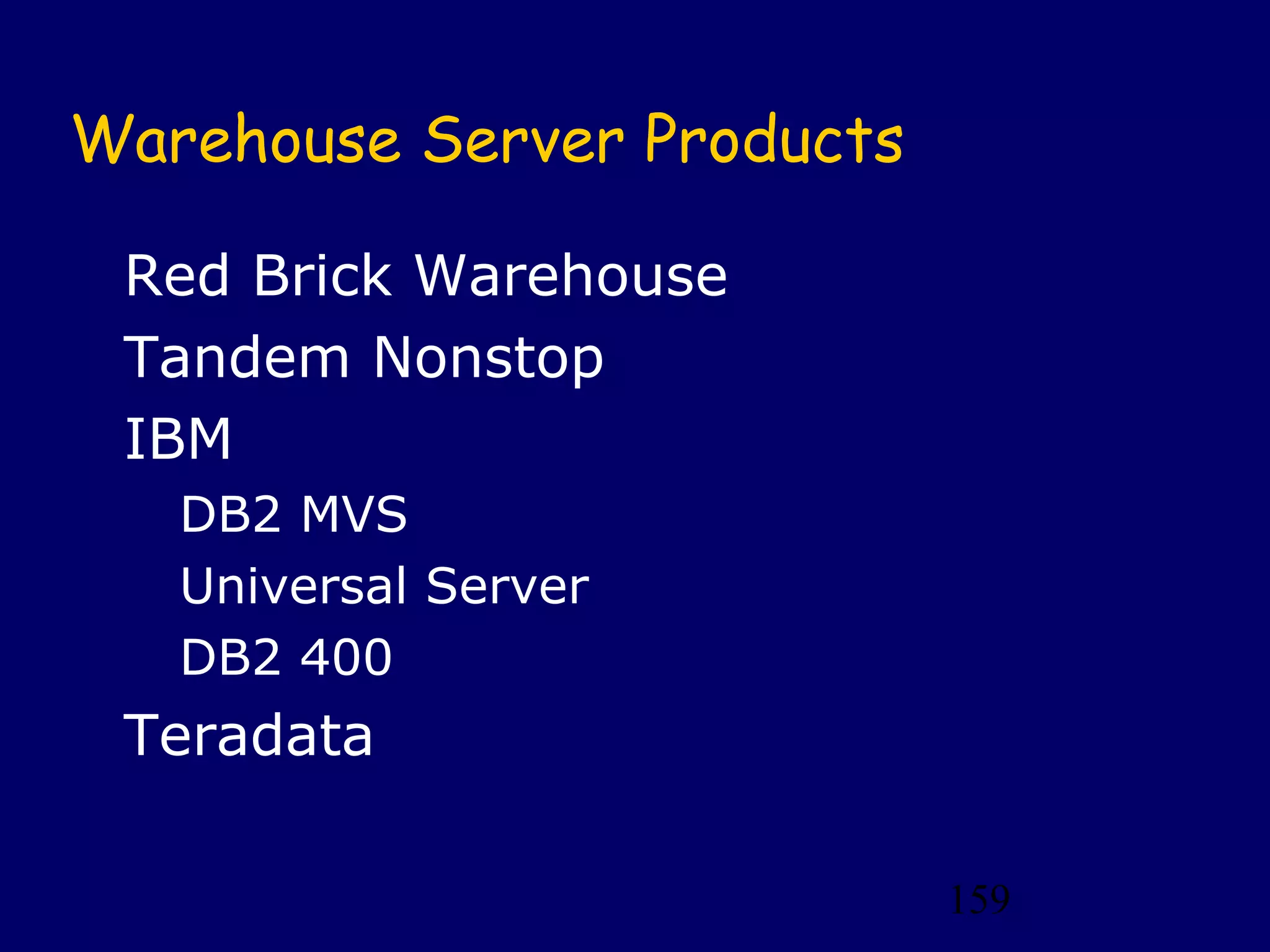 159
Warehouse Server Products
Red Brick Warehouse
Tandem Nonstop
IBM
DB2 MVS
Universal Server
DB2 400
Teradata
 