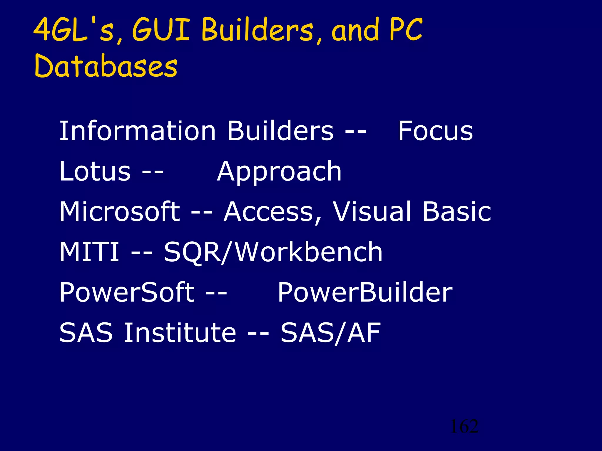 162
4GL's, GUI Builders, and PC
Databases
Information Builders -- Focus
Lotus -- Approach
Microsoft -- Access, Visual Basic
MITI -- SQR/Workbench
PowerSoft -- PowerBuilder
SAS Institute -- SAS/AF
 