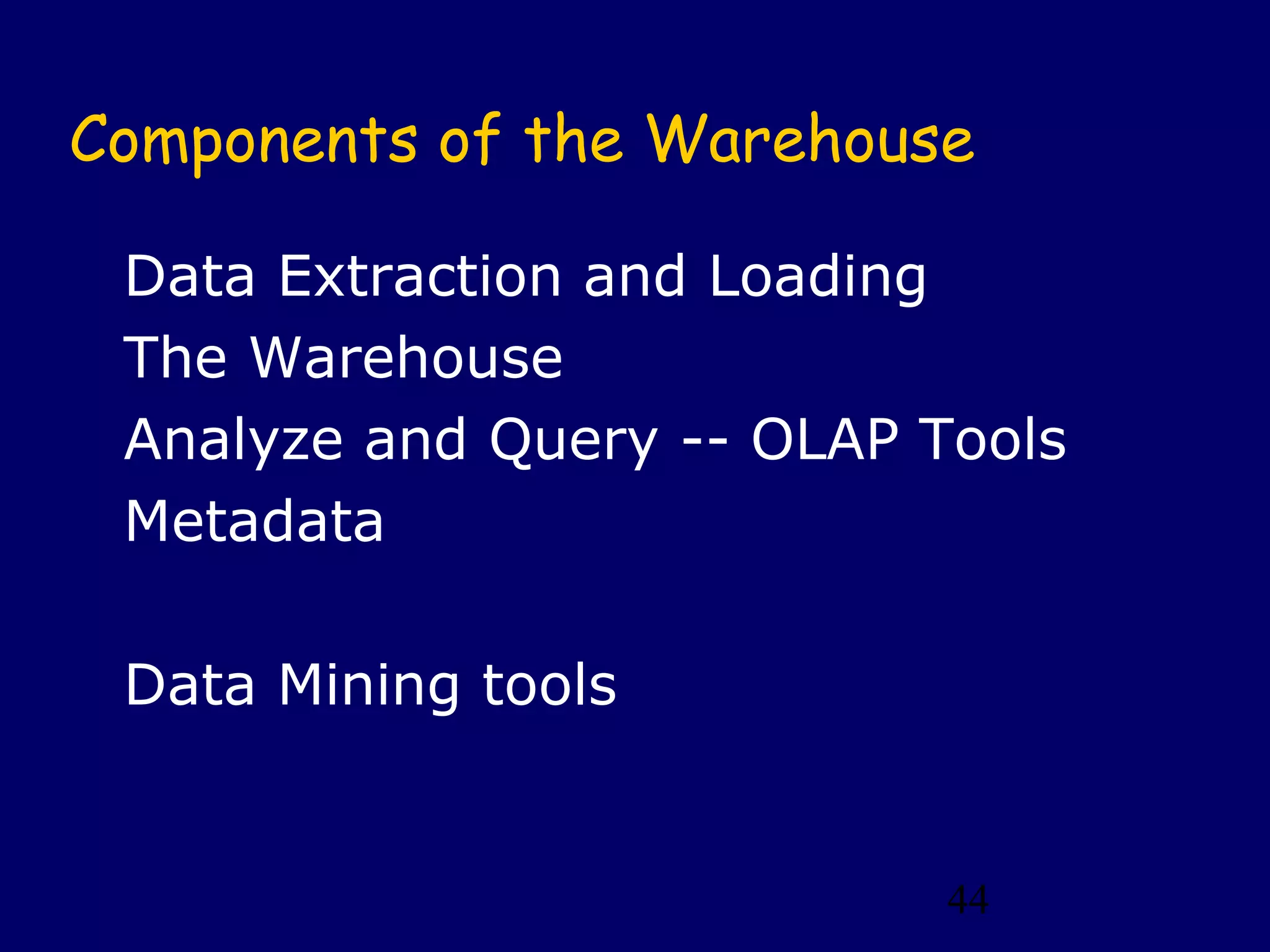 44
Components of the Warehouse
Data Extraction and Loading
The Warehouse
Analyze and Query -- OLAP Tools
Metadata
Data Mining tools
 