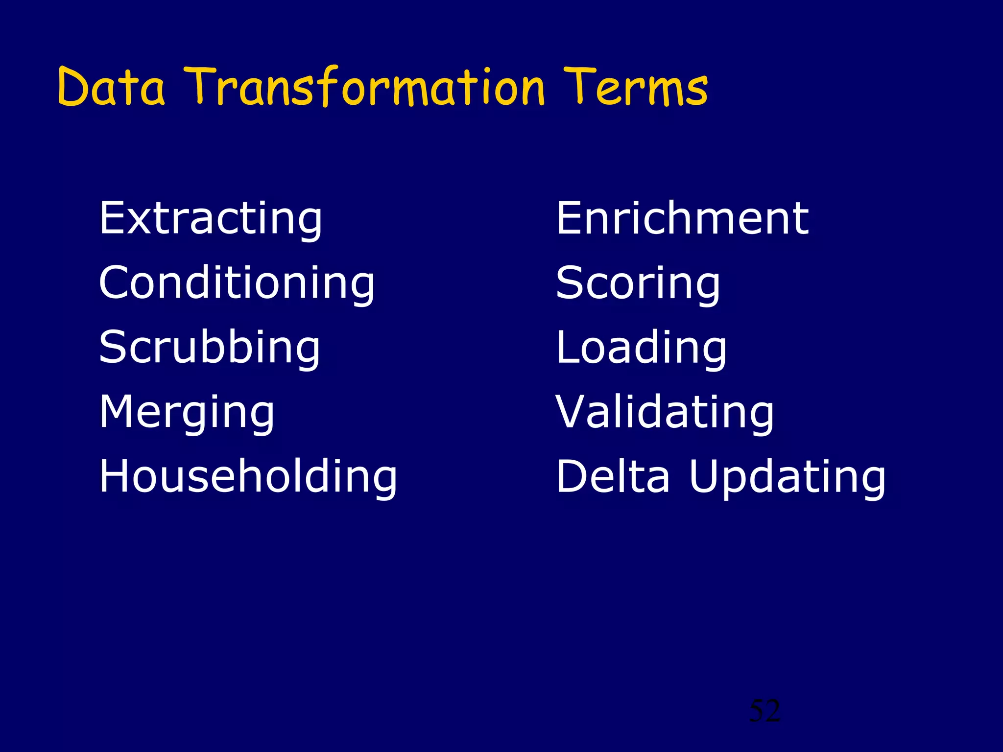 52
Data Transformation Terms
Extracting
Conditioning
Scrubbing
Merging
Householding
Enrichment
Scoring
Loading
Validating
Delta Updating
 