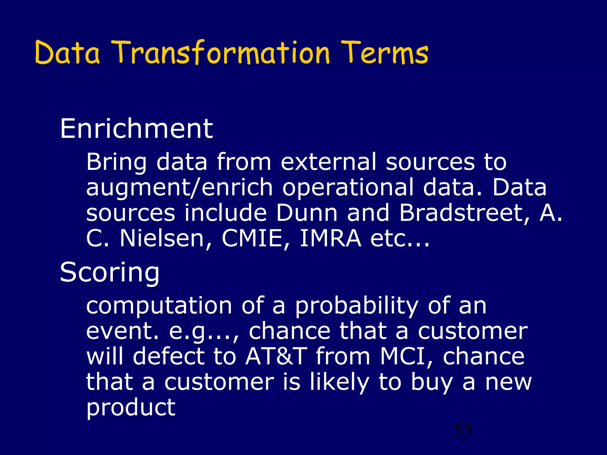 55
Data Transformation Terms
Enrichment
Bring data from external sources to
augment/enrich operational data. Data
sources include Dunn and Bradstreet, A.
C. Nielsen, CMIE, IMRA etc...
Scoring
computation of a probability of an
event. e.g..., chance that a customer
will defect to AT&T from MCI, chance
that a customer is likely to buy a new
product
 