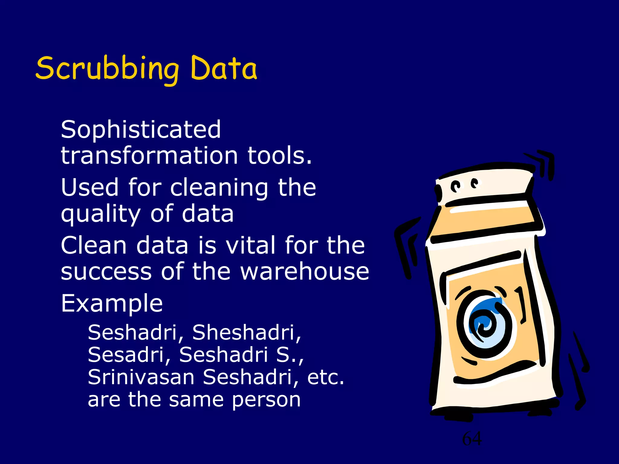 64
Scrubbing Data
Sophisticated
transformation tools.
Used for cleaning the
quality of data
Clean data is vital for the
success of the warehouse
Example
Seshadri, Sheshadri,
Sesadri, Seshadri S.,
Srinivasan Seshadri, etc.
are the same person
 