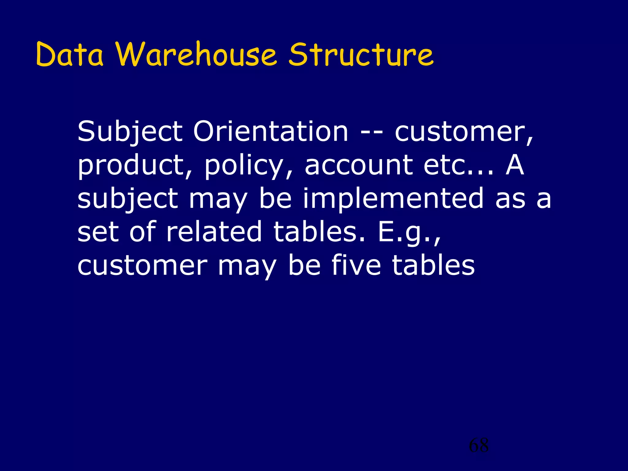 68
Data Warehouse Structure
Subject Orientation -- customer,
product, policy, account etc... A
subject may be implemented as a
set of related tables. E.g.,
customer may be five tables
 