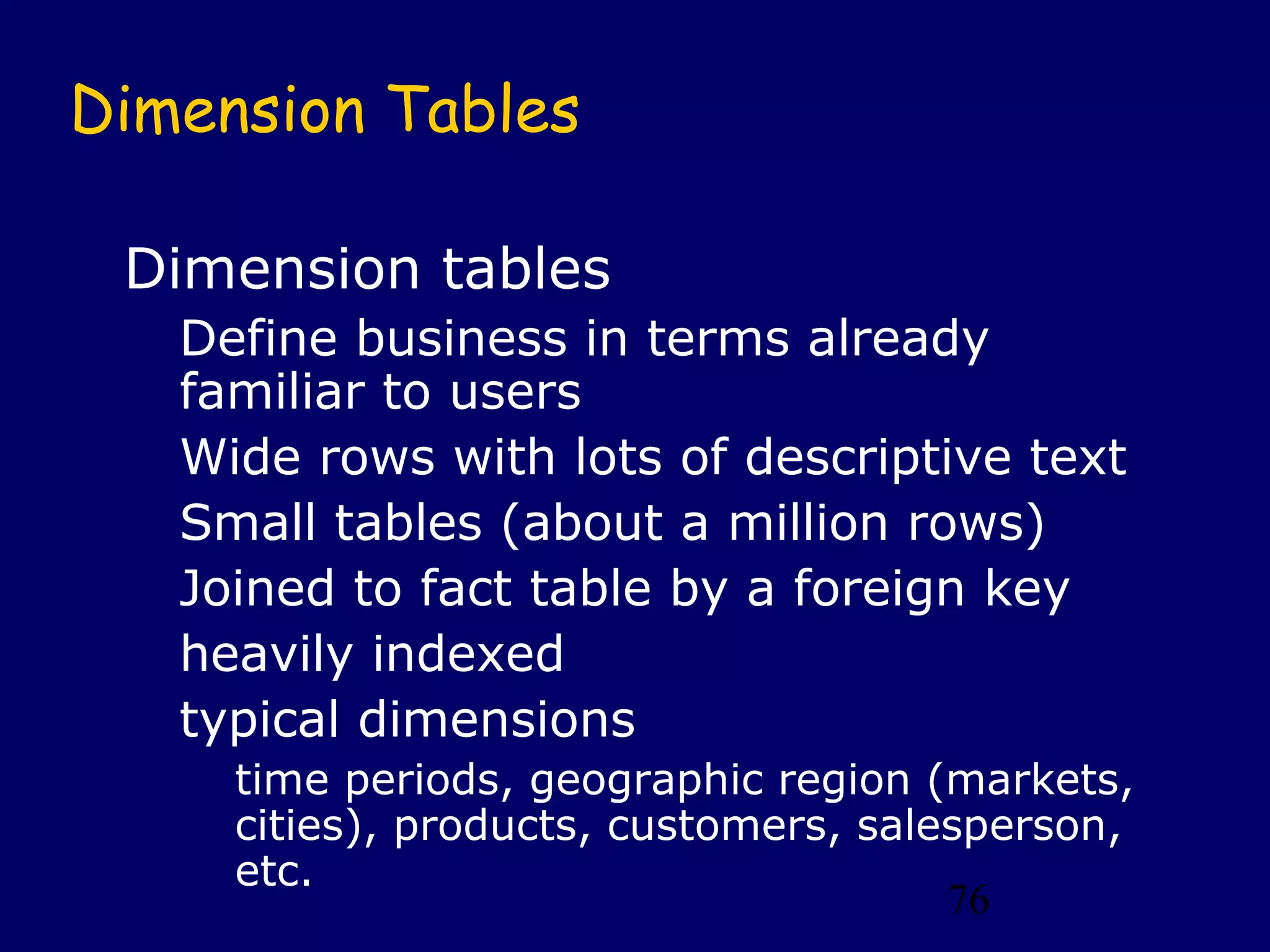 76
Dimension Tables
Dimension tables
Define business in terms already
familiar to users
Wide rows with lots of descriptive text
Small tables (about a million rows)
Joined to fact table by a foreign key
heavily indexed
typical dimensions
time periods, geographic region (markets,
cities), products, customers, salesperson,
etc.
 