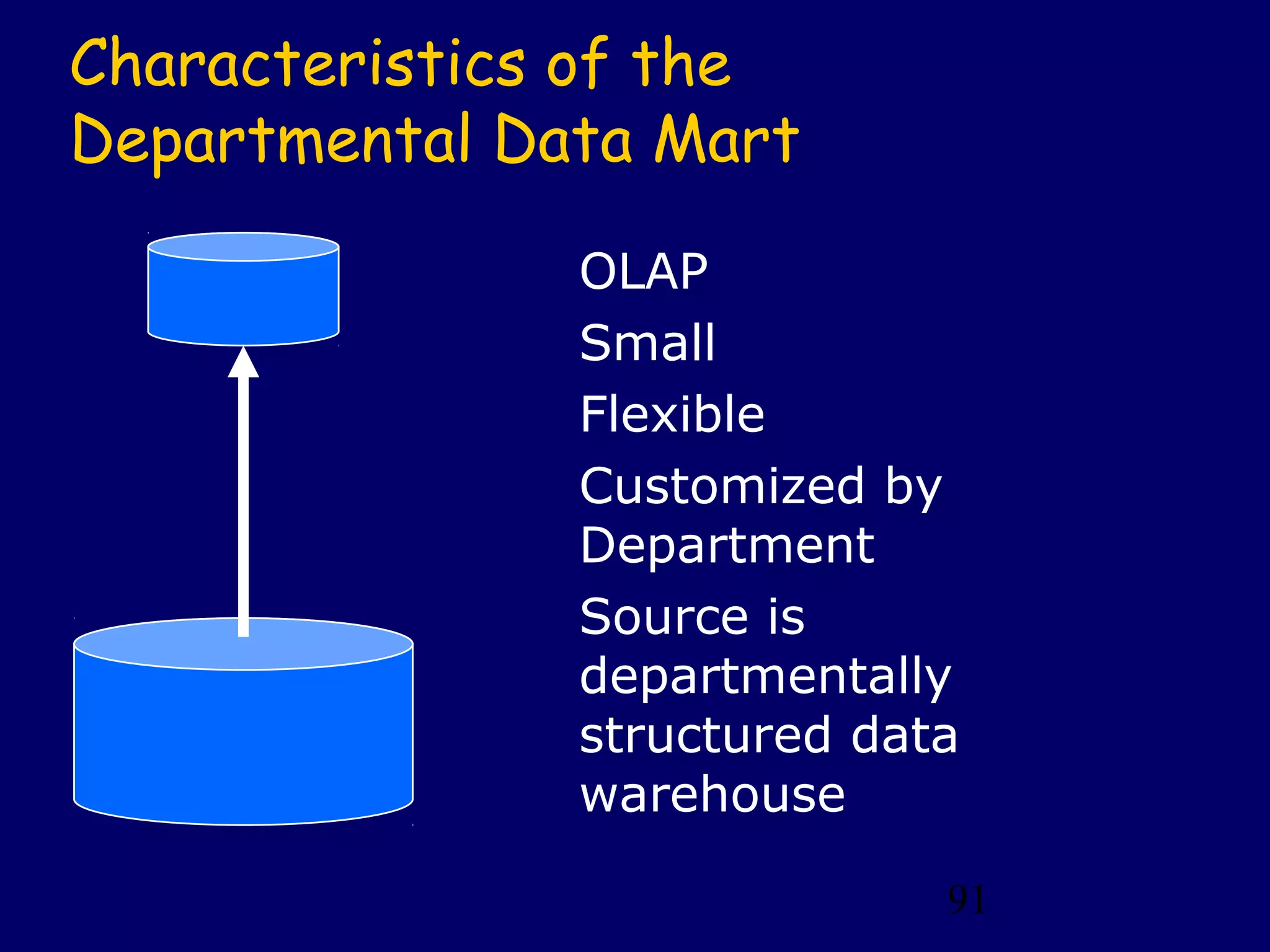 91
Characteristics of the
Departmental Data Mart
OLAP
Small
Flexible
Customized by
Department
Source is
departmentally
structured data
warehouse
 