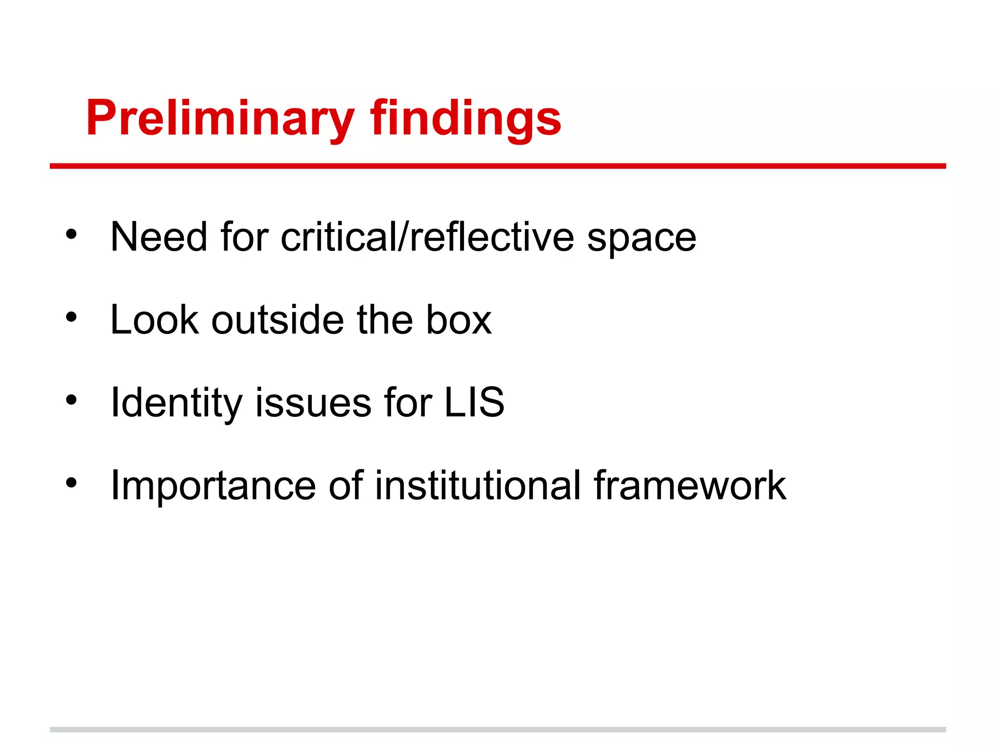 2. Look outside the box
●   Applying LIS skills in other contexts
    ○   Draw inspiration from your own experience
●   Benefits of the affinity group model
    ○   space based on trust
    ○   motivated by DIY principles
    ○   building confidence to work with bigger issues
 