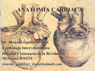 ANATOMÍA CARDIACA
Dr. Ricardo Gutiérrez Leal
Cardiólogo Intervencionista
Hospital Centenario de la Revolución
Mexicana ISSSTE
ricardo_gutierrez_leal@hotmail.com
 