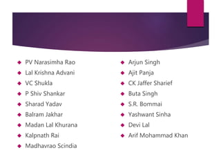  PV Narasimha Rao 
 Lal Krishna Advani 
 VC Shukla 
 P Shiv Shankar 
 Sharad Yadav 
 Balram Jakhar 
 Madan Lal Khurana 
 Kalpnath Rai 
 Madhavrao Scindia 
 Arjun Singh 
 Ajit Panja 
 CK Jaffer Sharief 
 Buta Singh 
 S.R. Bommai 
 Yashwant Sinha 
 Devi Lal 
 Arif Mohammad Khan 
 