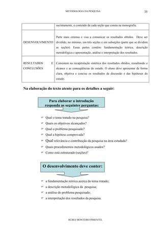 METODOLOGIA DA PESQUISA
RÚBIA MONTEIRO PIMENTEL
35
sucintamente, o conteúdo de cada seção que consta na monografia.
DESENVOLVIMENTO
Parte mais extensa e visa a comunicar os resultados obtidos. Deve ser
dividido, no mínimo, em três seções e em subseções (parte que se dividem
as seções). Essas partes contêm: fundamentação teórica, descrição
metodológica e apresentação, análise e interpretação dos resultados.
RESULTADOS E
CONCLUSÕES
Consistem na recapitulação sintética dos resultados obtidos, ressaltando o
alcance e as conseqüências do estudo. O aluno deve apresentar de forma
clara, objetiva e concisa os resultados da discussão e das hipóteses do
estudo.
Na elaboração do texto atente para os detalhes a seguir:
Qual o tema tratado na pesquisa?
Quais os objetivos alcançados?
Qual o problema pesquisado?
Qual a hipótese comprovada?
Qual relevância e contribuição da pesquisa na área estudada?
Quais procedimentos metodológicos usados?
Como está estruturado (seções)?
a fundamentação teórica acerca do tema tratado;
a descrição metodológica da pesquisa;
a análise do problema pesquisado;
a interpretação dos resultados da pesquisa.
Para elaborar a introdução
responda as seguintes perguntas:
O desenvolvimento deve conter:
 