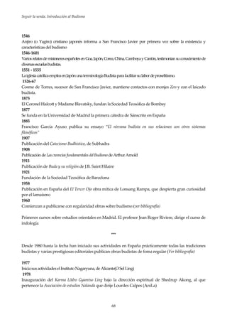 Seguir la senda. Introducción al Budismo
68
1546
Anjiro (o Yagiro) cristiano japonés informa a San Francisco Javier por primera vez sobre la existencia y
características del budismo
1546-1601
VariosrelatosdemisionerosespañolesenGoa,Japón,Corea,China,CamboyayCantón,testimoniansuconocimientode
diversasescuelasbudistas.
1551 - 1555
LaiglesiacatólicaempleaenJapónunaterminologíaBudistaparafacilitarsulabordeproselitismo.
1526-67
Cosme de Torres, sucesor de San Francisco Javier, mantiene contactos con monjes Zen y con el laicado
budista.
1875
El Coronel Halcott y Madame Blavatsky, fundan la Sociedad Teosófica de Bombay
1877
Se funda en la Universidad de Madrid la primera cátedra de Sánscrito en España
1885
Francisco García Ayuso publica su ensayo “El nirvana budista en sus relaciones con otros sistemas
filosóficos”
1907
Publicación del Catecismo Budhistico, de Subhadra
1908
Publicaciónde LascreenciasfundamentalesdelBudismodeArthurArnold
1911
Publicación de Buda y su religión de J.B. Saint Hilaire
1921
Fundación de la Sociedad Teosófica de Barcelona
1958
Publicación en España del El Tercer Ojo obra mítica de Lonsang Rampa, que despierta gran curiosidad
por el lamaísmo
1960
Comienzan a publicarse con regularidad obras sobre budismo (ver bibliografía)
Primeros cursos sobre estudios orientales en Madrid. El profesor Jean Roger Riviere, dirige el curso de
indología
***
Desde 1980 hasta la fecha han iniciado sus actividades en España prácticamente todas las tradiciones
budistas y varias prestigiosas editoriales publican obras budistas de foma regular (Ver bibliografía)
1977
IniciasusactividadeselInstitutoNagaryuna,de Alicante(OSelLing)
1978
Inauguración del Karma Lödro Gyamtso Ling bajo la dirección espiritual de Shedrup Akong, al que
pertenece la Asociación de estudios Nalanda que dirije Lourdes Calpes (AniLa)
 