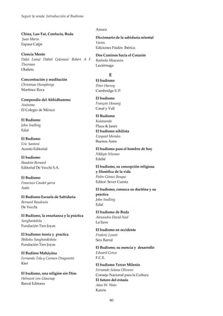 Seguir la senda. Introducción al Budismo
80
China, Lao-Tsé, Confucio, Buda
Juan Marín
Espasa Calpe
Ciencia Mente
Dalai Lama/ Dabiel Goleman/ Robert A F
Thurman
Olañeta
Concentración y meditación
Christmas Humphreys
Martínez Roca
Compendio del Abhidhamma
Anónimo
El Colegio de México
El Budismo
John Snelling
Edaf
El Budismo
Eric Santoni
Acento Editorial
El budismo
Baudoin Bernard
Editorial De Vecchi S.A.
El Budismo
Francisco Caudet yarza
Astri
El Budismo Escuela de Sabiduría
Bernard Baudouin
De Vecchi
El Budismo, la enseñanza y la práctica
Sangharáshita
Fundación Tres Joyas
El budismo: teoría y practica
Bhikshu Sangharákshita
Fundación Tres Joyas
El Budimo Mahâyâna
Fernando Tola y Carmen Dragonetti
Kier
El budismo, una religión sin Dios
Helmunt von Glasenap
Barral Editores
Amara
Diccionario de la sabiduría oriental
Varios
Ediciones Paidós Ibérica
Dos Caminos hacia el Corazón
Radmila Moacanin
Luciérnaga
E
El budismo
Peter Harvey
Cambridge U.P.
El budismo
François Houang
Casal y Vall
El Budismo
Kulananda
Plaza & Janés
El budismo nihilista
Ezequiel Morales
Buenos Aires
El budismo para el hombre de hoy
Nikkyio Niwano
Edebé
El budismo, su concepción religiosa
y filosófica de la vida
Pedro Gómez Bosque
Editor: Sever Cuesta
El budismo, conozca su doctrina y su
práctica
John Snelling
Edaf
El budismo de Buda
Alexandra David-Neel
La llave
El budismo en occidente
Frederic Lenoir
Seix Barral
El Budismo, su esencia y desarrollo
Edward Conze
F.C.E.
El budismo Tercer Milenio
Fernando Solana Olivares
Consejo Nacional para la Cultura
El futuro del éxtasis
Alan W. Wats
Kairós
 