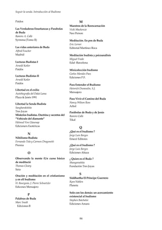 Seguir la senda. Introducción al Budismo
84
Paidos
Las Verdaderas Enseñanzas y Parabolas
de Buda
Ramiro A. Calle
Syrmma (Tomo II)
Las vidas anteriores de Buda
Alfred Foucher
Madrid
Lecturas Budistas I
Arnold Kotler
Paidós
Lecturas Budistas II
Arnold Kotler
Paidós
Libertad en el exilio
Autobiografía del Dalai Lama
Plaza & Janés 1991
Libertad la Senda Budista
Sangharakshita
Tres Joyas
Misterios budistas. Doctrina y secretos del
“Vehículo del diamante”
Helmud Von Glasenap
Edicioners Esotéricas
N
Nihilismo Budista
Fernando Tola y Carmen Dragonetti
Premia
O
Observando la mente (Un curso básico
de meditació
Thomas Cleary
Sirio
Oración y meditación en el cristianismo
y en ell budismo
H. Bourgeois, J. Pierre Schnetzler
Edicones Mensajero
P
Palabras de Buda
Marc Snedt
Ediciones B
M
Maestros de la Reencarnación
Vicki Mackenzie
Neo Person
Meditación. En pos de Buda
Eric Lerner
Editorial Martínez Roca
Meditación budista y psicoanálisis
Miguel Fraile
Edaf -Barcelona
Minicolección budismo
Carlos Morales Paez
Ediciones P.F.
Para Entender el Budismo
Heinrich Dumoulin, S.J.
Mensajero
Para Vivir el Camino del Buda
Nancy Wilson Ross
Arbol
Parábolas de Buda y de Jesús
Ramiro Calle
Tikal
Q
¿Qué es el budismo ?
Jorge Luis Borges
Emecé Editores
¿Qué es el budismo ?
Jorge Luis Borges
Ediciones Altaza
¿ Quíen es el Buda ?
Shangarashita
Fundación Tres Joyas
S
Siddhartha El Príncipe Guerrero
Kyra Nahlen
Planeta
Solo con los demás: un acercamiento
existencial al budismo
Stephen Batchelor
Ediciones Amara
 