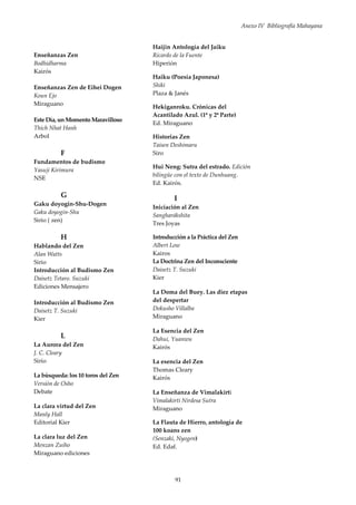 Anexo IV Bibliografía Mahayana
91
Enseñanzas Zen
Bodhidharma
Kairós
Enseñanzas Zen de Eihei Dogen
Koun Ejo
Miraguano
Este Día, un Momento Maravilloso
Thich Nhat Hanh
Arbol
F
Fundamentos de budismo
Yasuji Kirimura
NSE
G
Gaku doyogin-Shu-Dogen
Gaku doyogin-Shu
Sirio ( zen)
H
Hablando del Zen
Alan Watts
Sirio
Introducción al Budismo Zen
Daisetz Tetaro. Suzuki
Ediciones Mensajero
Introducción al Budismo Zen
Daisetz T. Suzuki
Kier
L
La Aurora del Zen
J. C. Cleary
Sirio
La búsqueda: los 10 toros del Zen
Versión de Osho
Debate
La clara virtud del Zen
Manly Hall
Editorial Kier
La clara luz del Zen
Menzan Zuiho
Miraguano ediciones
Haijin Antología del Jaiku
Ricardo de la Fuente
Hiperión
Haiku (Poesía Japonesa)
Shiki
Plaza & Janés
Hekiganroku. Crónicas del
Acantilado Azul. (1º y 2ª Parte)
Ed. Miraguano
Historias Zen
Taisen Deshimaru
Siro
Hui Neng: Sutra del estrado. Edición
bilingüe con el texto de Dunhuang.
Ed. Kairós.
I
Iniciación al Zen
Sangharákshita
Tres Joyas
Introducción a la Práctica del Zen
Albert Low
Kairos
La Doctrina Zen del Inconsciente
Daisetz T. Suzuki
Kier
La Doma del Buey. Las diez etapas
del despertar
Dokusho Villalba
Miraguano
La Esencia del Zen
Dahui, Yuanwu
Kairós
La esencia del Zen
Thomas Cleary
Kairós
La Enseñanza de Vimalakirti
Vimalakirti Nirdesa Sutra
Miraguano
La Flauta de Hierro, antología de
100 koans zen
(Senzaki, Nyogen)
Ed. Edaf.
 