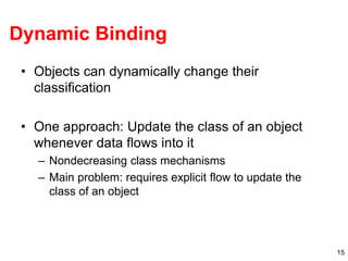 15
Dynamic Binding
• Objects can dynamically change their
classification
• One approach: Update the class of an object
whe...