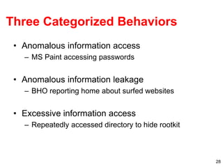 28
Three Categorized Behaviors
• Anomalous information access
– MS Paint accessing passwords
• Anomalous information leaka...