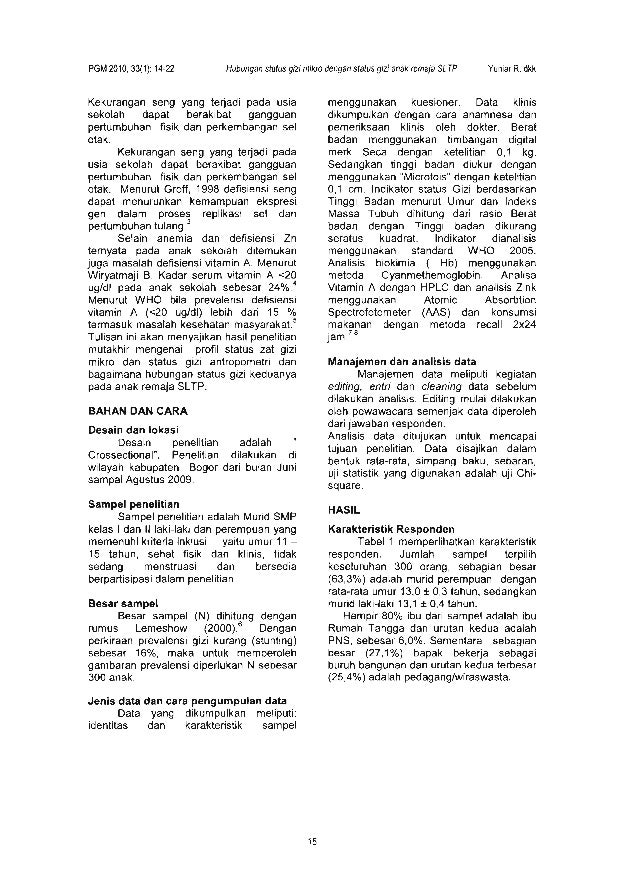 Hubungan Status Zat Gizi Mikro Dengan Status Gizi Pada Anak Remaja SL…