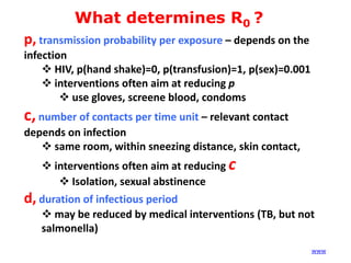 What determines R0 ?

p, transmission probability per exposure – depends on the
infection
 HIV, p(hand shake)=0, p(transfusion)=1, p(sex)=0.001
 interventions often aim at reducing p
 use gloves, screene blood, condoms

c, number of contacts per time unit – relevant contact
depends on infection
 same room, within sneezing distance, skin contact,

 interventions often aim at reducing c
 Isolation, sexual abstinence

d, duration of infectious period
 may be reduced by medical interventions (TB, but not
salmonella)
(www)

 