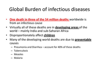 Global Burden of infectious diseases
• One death in three of the 54 million deaths worldwide is
from an infectious cause
• Virtually all of these deaths are in developing areas of the
world – mainly India and sub-Saharan Africa
• Disproportionately affect children
• Many of the developing world deaths are due to preventable
causes
–
–
–
–

Pneumonia and Diarrhea – account for 40% of these deaths
Tuberculosis
Measles
Malaria

 