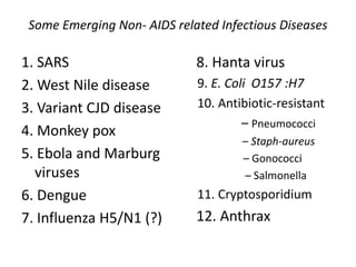 Some Emerging Non- AIDS related Infectious Diseases

1. SARS
2. West Nile disease
3. Variant CJD disease
4. Monkey pox
5. Ebola and Marburg
viruses
6. Dengue
7. Influenza H5/N1 (?)

8. Hanta virus
9. E. Coli O157 :H7
10. Antibiotic-resistant
– Pneumococci
– Staph-aureus
– Gonococci
– Salmonella

11. Cryptosporidium

12. Anthrax

 
