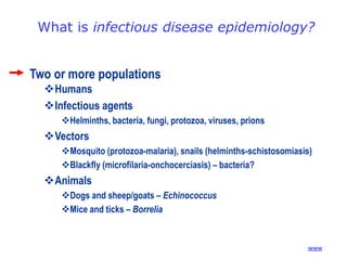 What is infectious disease epidemiology?
Two or more populations
Humans
Infectious agents
Helminths, bacteria, fungi, protozoa, viruses, prions

Vectors
Mosquito (protozoa-malaria), snails (helminths-schistosomiasis)
Blackfly (microfilaria-onchocerciasis) – bacteria?

Animals
Dogs and sheep/goats – Echinococcus
Mice and ticks – Borrelia

(www)

 