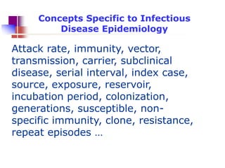 Concepts Specific to Infectious
Disease Epidemiology

Attack rate, immunity, vector,
transmission, carrier, subclinical
disease, serial interval, index case,
source, exposure, reservoir,
incubation period, colonization,
generations, susceptible, nonspecific immunity, clone, resistance,
repeat episodes …

 