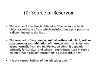 (I): Source or Reservoir
• The source of infection is defined as “the person, animal,
object or substance from which an infectious agent passes or
is disseminated to the host.
• The reservoir is “any person, animal, arthropod, plant, soil, or
substance, or a combination of these, in which an infectious
agent normally lives and multiplies, on which it depends
primarily for survival, and where it reproduces itself in such a
manner that it can be transmitted to a susceptible host.
• It is the natural habitat of the infectious agent.”

 