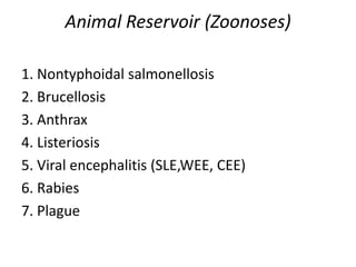 Animal Reservoir (Zoonoses)
1. Nontyphoidal salmonellosis
2. Brucellosis
3. Anthrax
4. Listeriosis
5. Viral encephalitis (SLE,WEE, CEE)
6. Rabies
7. Plague

 